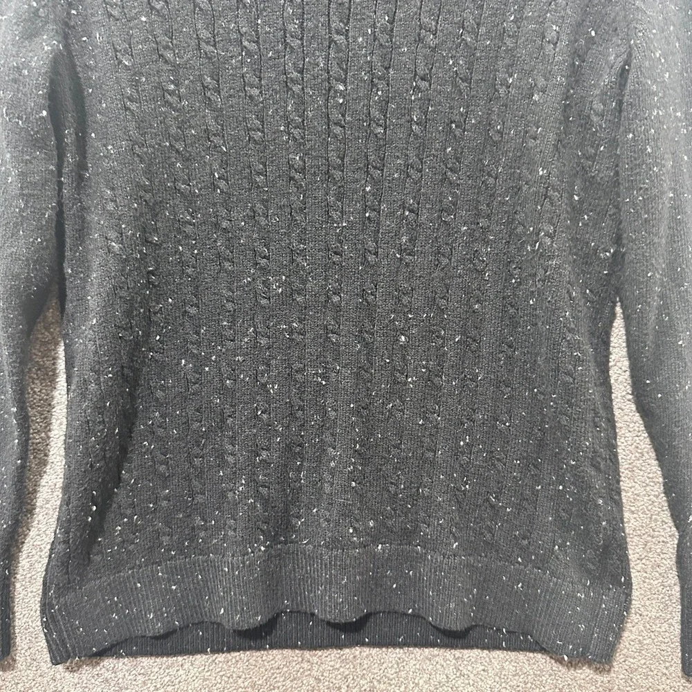 Talbots Pullover Sweater Women Large Black‎ Speckle CableKnit Stretch Cotton